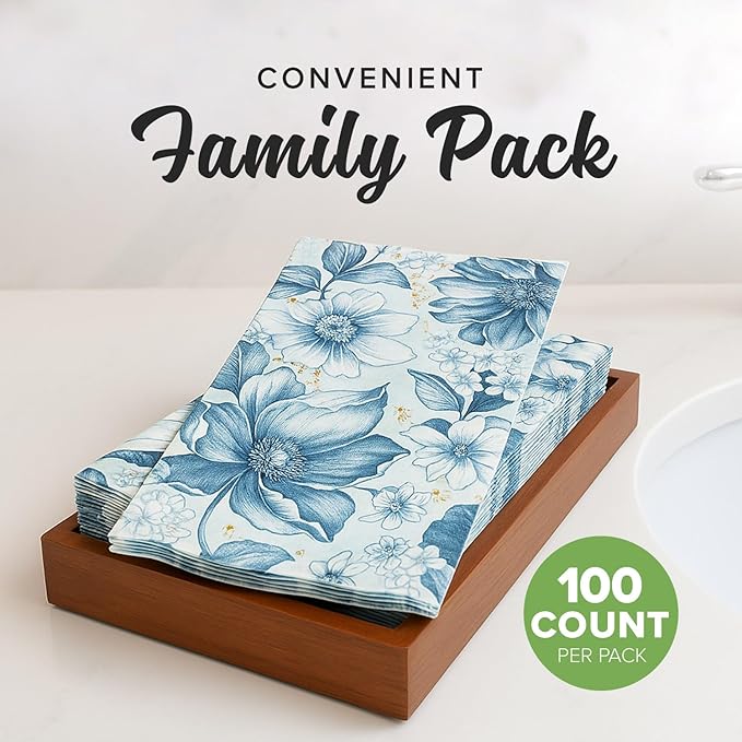 SimuLinen Blue Garden Floral Disposable Hand Towels for Bathroom, Single-Use Linen-Feel Guest Towels, Hand Tissue Paper, Cloth-Like Paper Napkins, Pack of 100