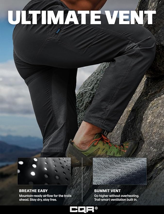 CQR Men's Lightweight Vent Hiking Pants, Water-Resistant & Breathable Sports Outdoor Athletic Pants with Elastic Waist