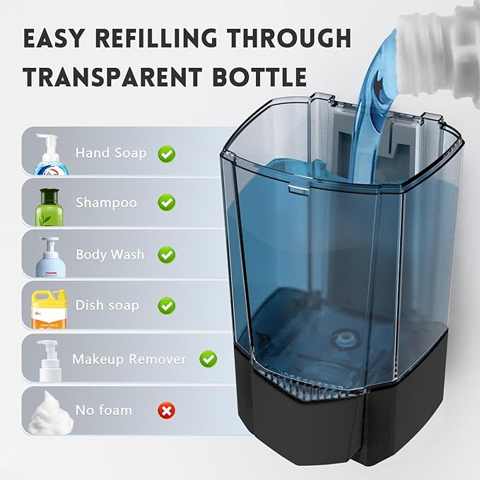 Hand Liquid Soap Dispenser Wall Mount 20floz（600ml）, Ideal for Commercial Bathrooms Restaurants Hotels, Use with Liquid Hand Soap Shampoo, ABS Black