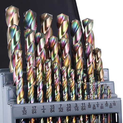 29Pcs Cobalt Drill Bits (1/16"-1/2"), 135 Degree Tip HSS Colorful Titanium Plating with Metal Storage Case, Twist Jobber Drill Bit for Cast Iron, Steel, Hardened Metal, Plastic and Wood