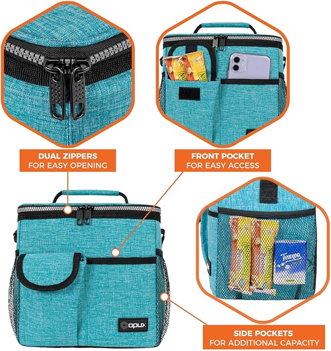 opux Insulated Lunch Bag for Men Women, Leakproof Sea Blue Lunch Box for Work, Portable Soft Lunch Cooler Bag with Shoulder Strap, Adult Lunchbox Lunch Pail for Kid Boy Girl School, 18 Can/10L