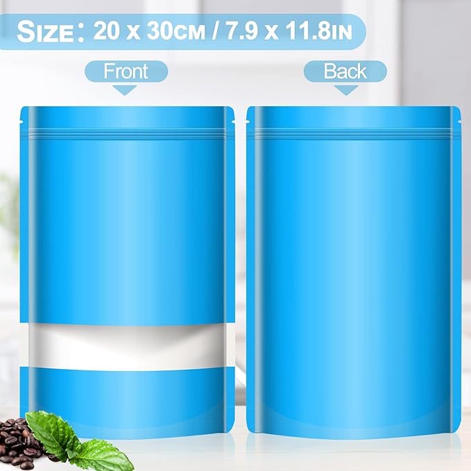 100 Pack Smell Mylar Proof Bags for Food Storage, Resealable Packaging Bags for Small Business, Stand Up Foil Pouches Reusable Heat Sealable Bags with Clear Window (Blue, 7.8x11.8 In)