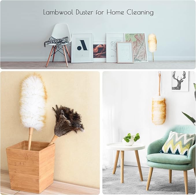 Lambs Wool Duster for Cleaning Window Blinds Computer Furniture TV Computer Screens Bookshelves Solid Wooden Handle Natural Feather Duster,26'', Pink