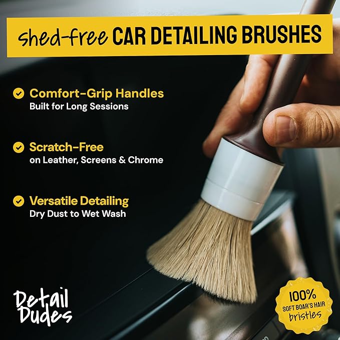 Soft Boars Hair Car Detailing Brush Set for Washing (6 Pack) - Interior Car Detailing Kit - Automotive Interior Dusting Brush - Auto Cleaning Supplies