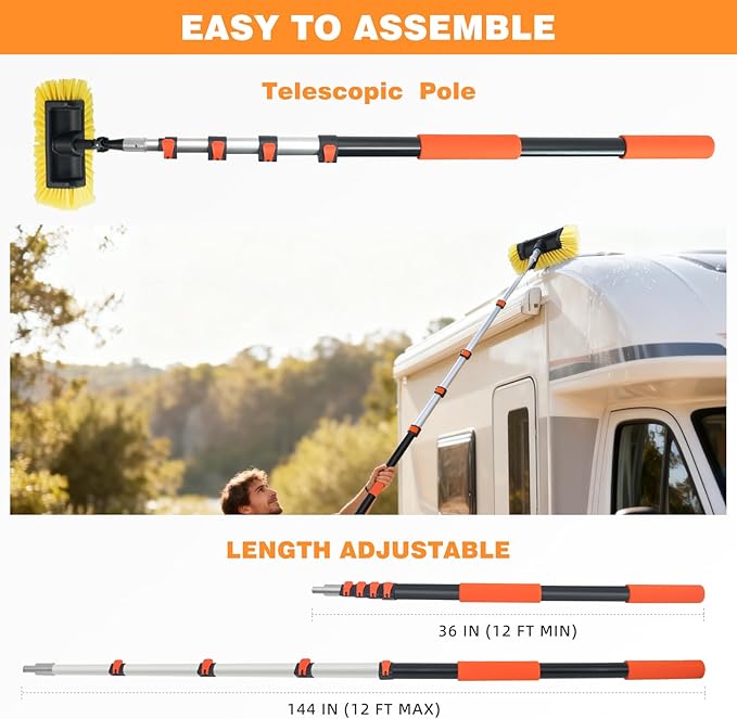 12FT Car Wash Brush with Long Handle Telescopic Pole Car Cleaning Tool with 12" Soft Bristle and Hard Bristle Wash Equipment Kit for Car Truck House Floor Glass Roof Solar Panels