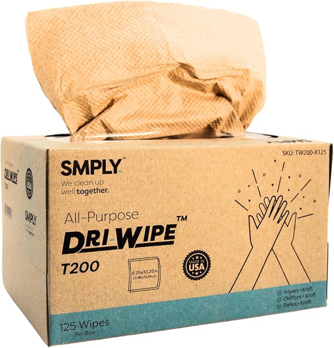 Dri-Wipe™ T200 by SMPLY Brands – Two-Ply Center-Pull Kraft Wipes, 18 Boxes of 125 (2,250 Total) – All-Purpose Disposable Wipes for Retail, Food Prep, Window Cleaning, and Light Spills