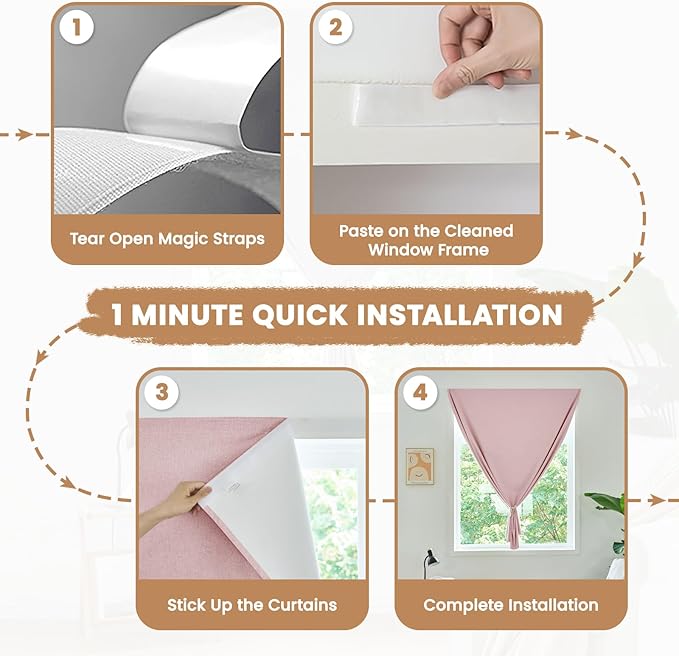JILROIN Self Adhesive Curtains,100% Blackout Window Cover,No Drilling,Easy to Install,Provides Privacy Protection for Bedrooms (Light Pink - W35 × L60 in)