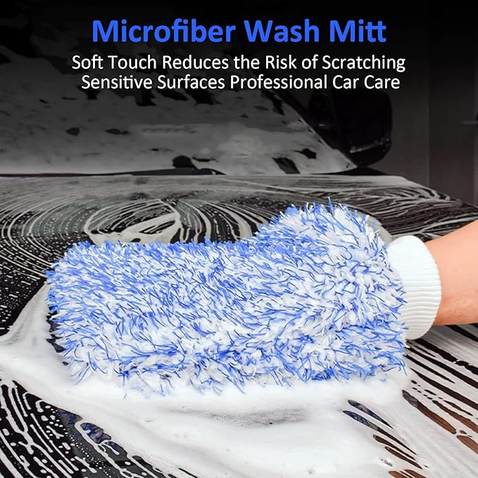 Microfiber Car Wash Mitt, Car Sponge Wrapped in Soft, Plush Fiber Cloth Material, Holds Tons of Sudsy Water for Effective Washing, Lint Free, Scratch Free, for Cars, Motorcycles (Blue 2 Pack)