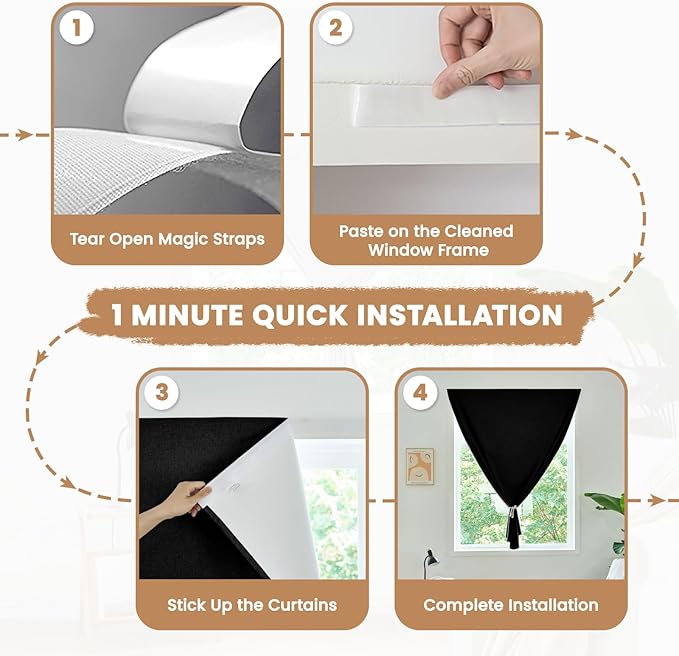 100% Blackout French Door Curtain,Adhesive, No Drilling Required,Small Curtains Designed for Installation On Doors (Black - W25 × L40 in)