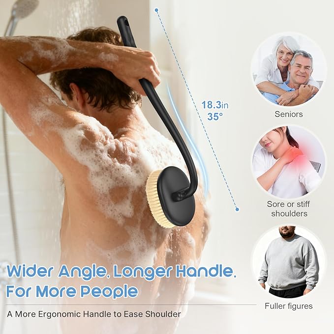 Flexible Up-Down Movement Back Scrubber for Shower for Men & Women, 3 Detachable Back Brush Heads Includes Silicone Body Scrubber, Sponge Bath Brush & Bristle Shower Brush, Wet/Dry Brush, Black