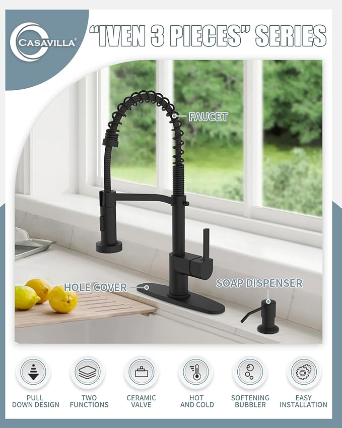 Black Kitchen Faucet Soap Dispenser, Faucet for Kitchen Sink, Kitchen Sink Faucet with Deck Plate, Kitchen Faucet with Pull Down Sprayer and Dual Function Spray Head