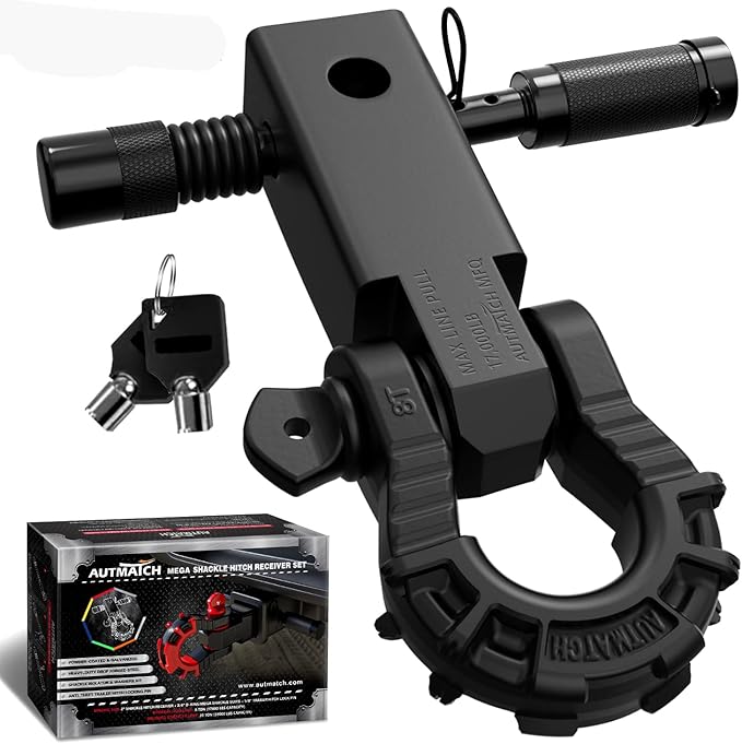 AUTMATCH Shackle Hitch Receiver 2" with 3/4" Mega D Ring Shackle and 5/8" Trailer Hitch Lock Pin, 68,000 Lbs Break Strength Heavy Duty Receiver Towing Kit for Off-Road Vehicle Recovery, Matte Black