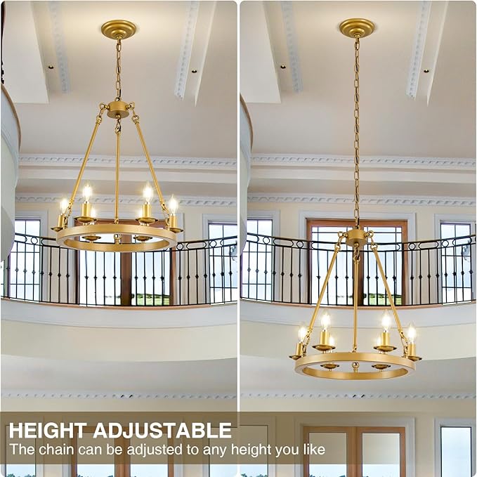 Wagon Wheel Chandelier, 6-Light Gold Modern Rustic Farmhouse Chandelier Adjustable Height Pendant Kitchen Light for Ceiling Hanging Dining Room, Living Room, Entryways, Foyer