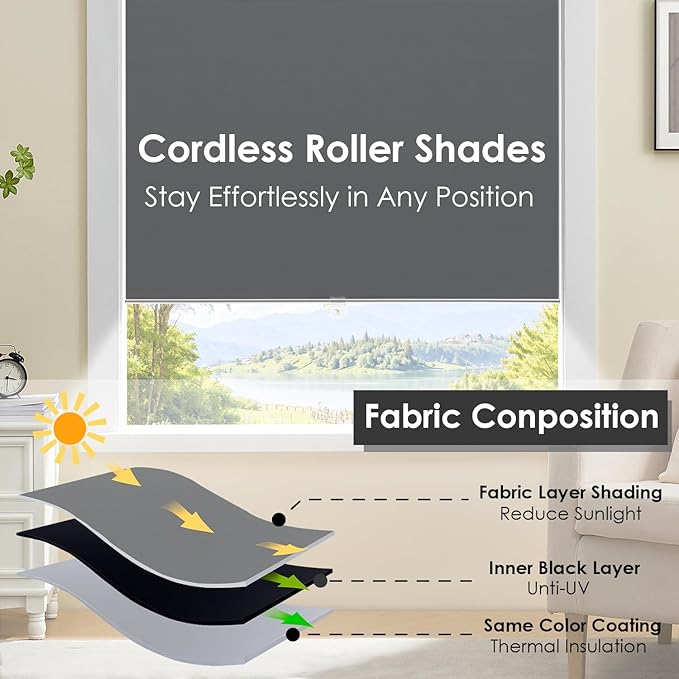 Cordless 100% Blackout Roller Shades for Windows,UV Protection Pull Down Shades,Room Darkening Door Blinds Thermal Insulated Fabric for Home Office and Bedroom(32" W x 72" H,Grey)