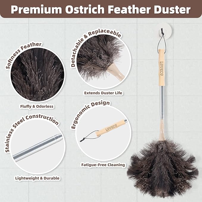 Ostrich Feather Dusters for Cleaning Kit - Reusable Soft Feather Duster Extendable to 49 inches for Cleaning Ceiling Fan, High Ceiling, Blinds & Retractable Small Duster for Keyboard, Brick Toy, Car