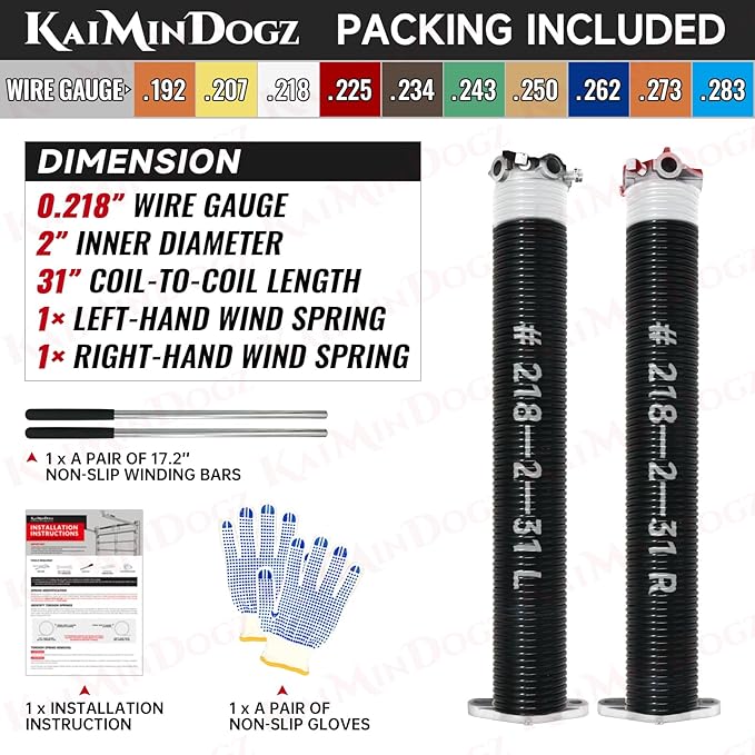 Pair of 2" Garage Door Torsion Springs Set with Non-Slip Winding Bar & Gloves,High Precision Electrophoresis Black Coated, for Replacement & Installation, MIN 16,000 Cycles (0.218x2''x31'')