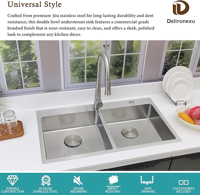 33 Inch Double Bowl Kitchen Sinks Drop In – Delironexu 16 Gauge Stainless Steel Kitchen Sink Double Bowl, 33x19 Drop In Double kitchen sink with Brushed Finish, 6 Inch Deep 50/50 Overmount Sink