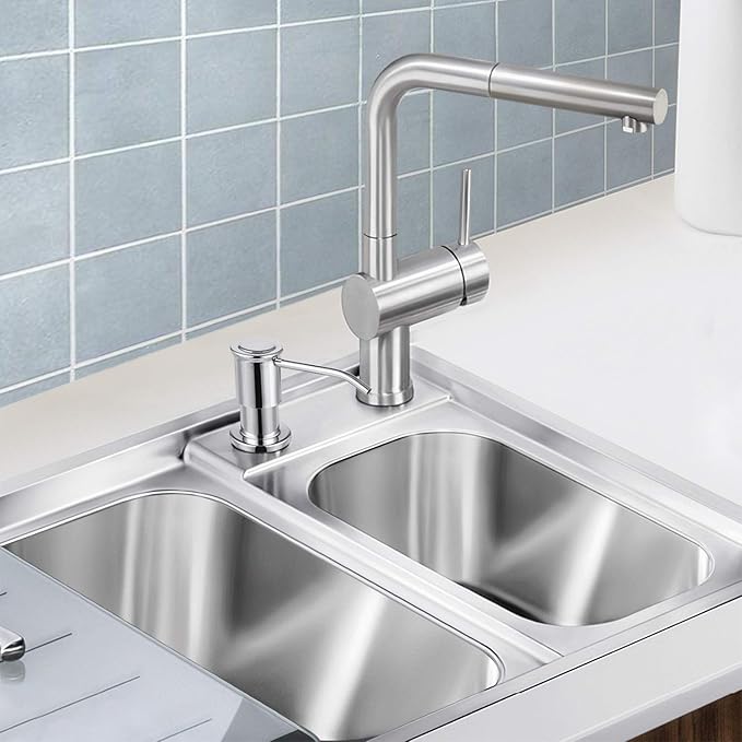SAMODRA Sink Soap Dispenser, Stainless Steel Pump Head-Built in Design Refill Liquid from The Top with 17 OZ Bottle-3.15 Inch Threaded Tube (Chrome)