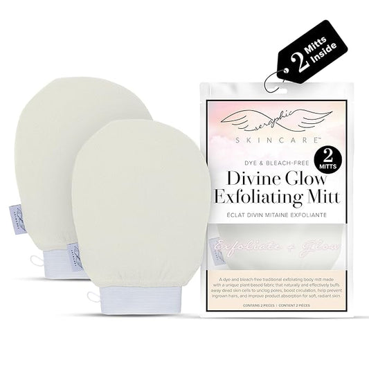 Seraphic Skincare (Original) Divine Glow Exfoliating Mitt (2pcs) – 100% Vegan Viscose Traditional Body Scrub Glove Kessa Korean Washcloth – Body Exfoliator for Self-Tan Removal & Keratosis Pilaris