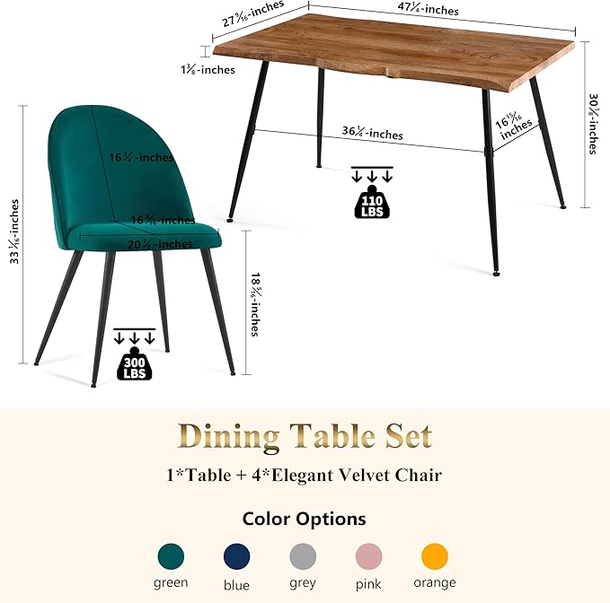 Modern Kitchen Table with Chairs Upholstered Set for 4, Stylish Brown Dining Table Wooden with Dark Green Velvet Dining Side Chairs Comfy with Cushion Seat for Apartment, Living Room