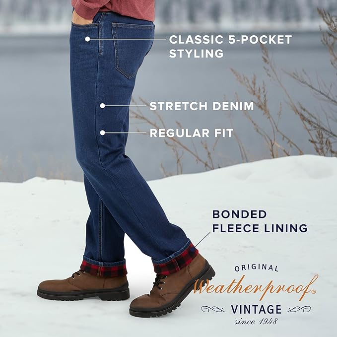 Weatherproof Vintage Fleece Lined Jeans Men - Regular Fit | Soft & Warm, Cold Weather Insulated Fleece Winter Pants for Men