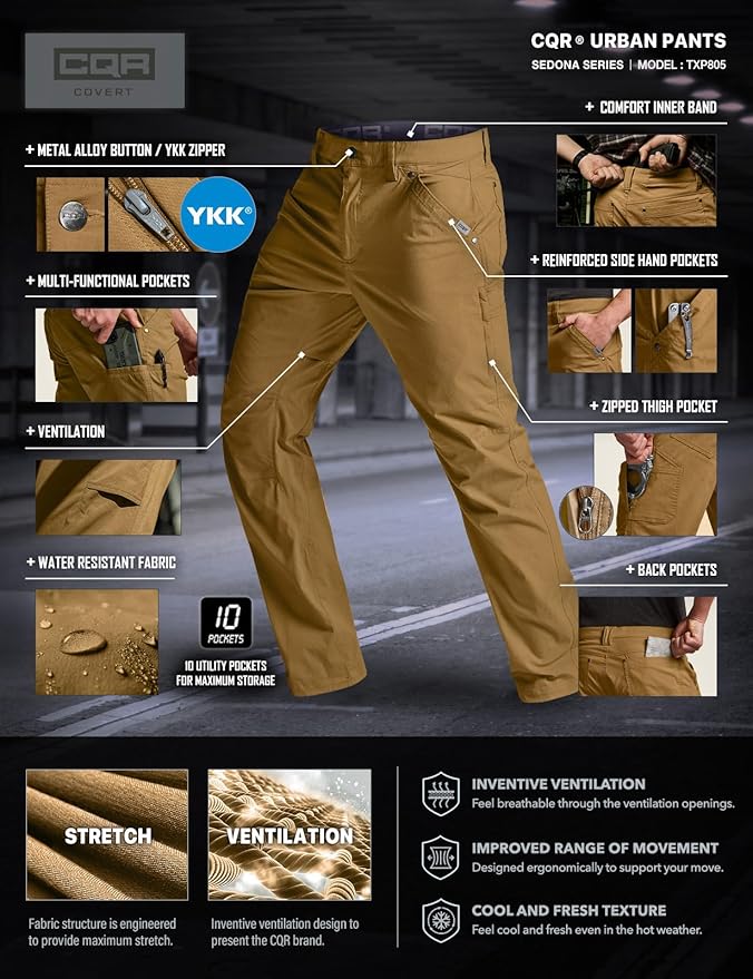 CQR Men's Vent Stretch Pants, Quick Dry Lightweight Casual Cargo Pants, Water Resistant Straight-Fit Utility Work Pants