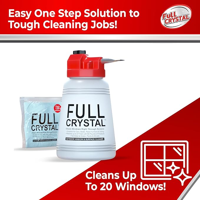 Full Crystal Window Cleaning Kit- 4 oz Glass Cleaner and Bottle with 27ft Reach will clean up to 20 Windows- Scrub Free, Rinse Free Glass Cleaner Spray Removes Dirt, Grime and Water Deposits