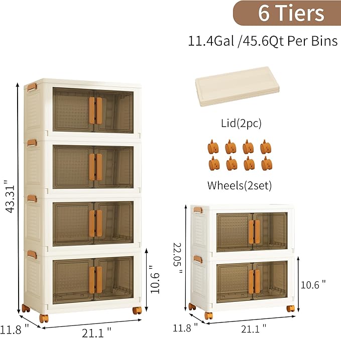 Plastic Stackable Storage Bins with Lids and Wheels, Foldable Closet Organizers and Storage Containers, Collapsible Clear Drawer Storage Cabinet with Doors Ivory White 273.6 QT
