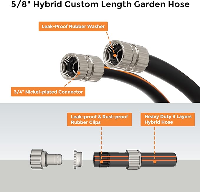 Giraffe Tools Leader Hose 12ft x 5/8", Custom Length, Heavy Duty, No Kink, Flexible, Rubber Garden Hose, Leakproof Water Hose with Female to Female Fittings, 600 Burst PSI