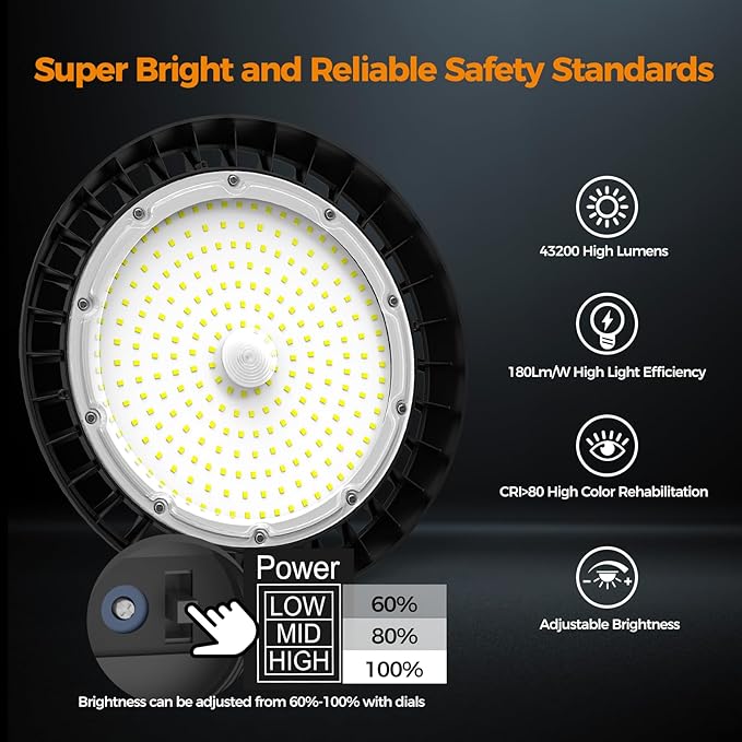 High Bay Lights LED UFO Light 240W LED Shop Lights 6000K IP65 Commercial Bay Lighting Fixture 43200 LM Super Bright, 5ft Cable Plug & Play for Warehouse Factory Garage Workshop Barn 6 Pack