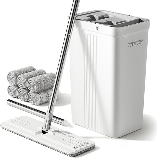 JOYMOOP Mop and Bucket Set with Wringer, Flat Mops for Floor Cleaning, Wall Mop Cleaner with Long Handle, Hardwood Floor Mop with 6 Microfiber Pads