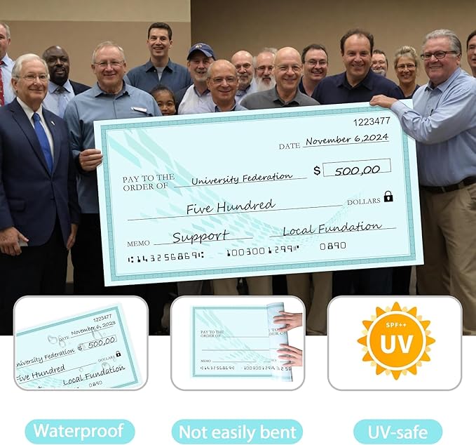 Reusable Giant Check Board for Donations, 30"x16" Single-Sided Reusable Ceremonial Check | Big Check Giant Check | Oversized Corporate Event Sign for Fundraiser Donations & Celebrations