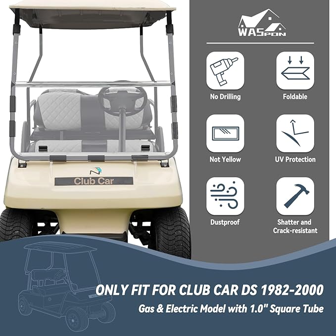 Golf Cart Windshield for EZGO/Club Car DS/Precedent/Yamaha Gas & Electric Models, 5MM Thicken Foldable, Clear Highly Transparent and Impact Resistant Acrylic