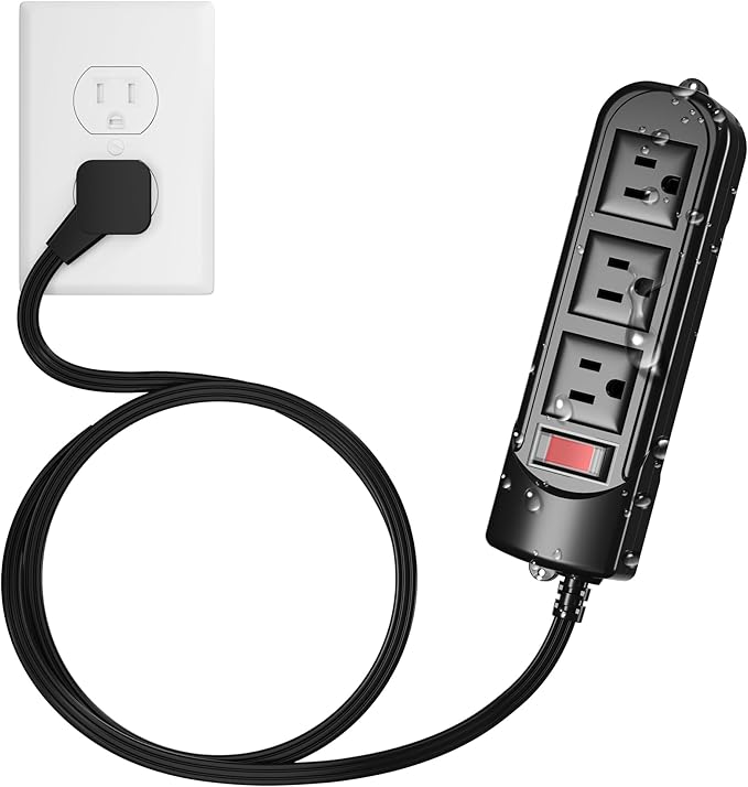 Outdoor Power Strip 10 Ft, IPX4 Waterproof Surge Protector 3 Widely Spaced AC Outlets Extension Cord, 45° Flat Plug, Wall Mountable, 18 Gauge 125V for Garden Patio Camping Christmas Lights-ETL