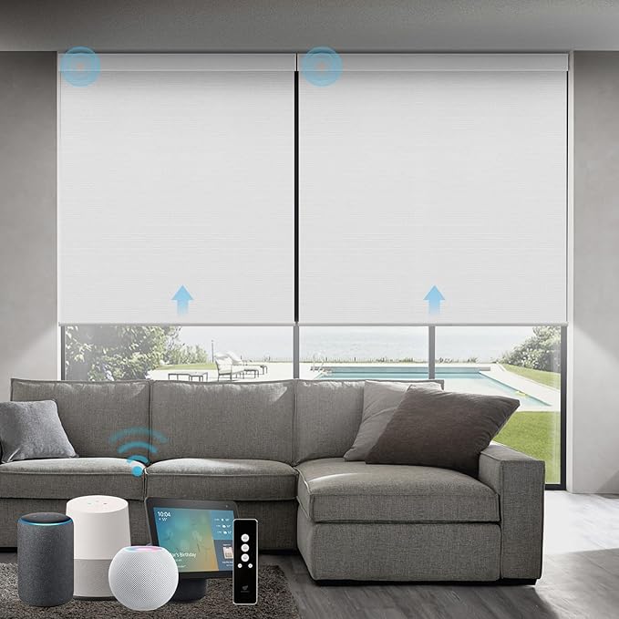 SmartWings Motorized Roller Shades Work with Homekit, 100% Blackout Smart Blinds for Windows, Cordless Remote Control Window Shades, Essential White, Customized Size