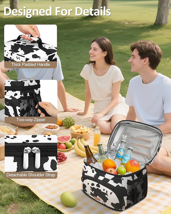 Lunch Box for Man Women, Insulated Lunch Bag Cooler Bag Leakproof Lunchbox Lunch Tote Bags with Removable Strap for Work School Picnic Travel (Cowprint/12L