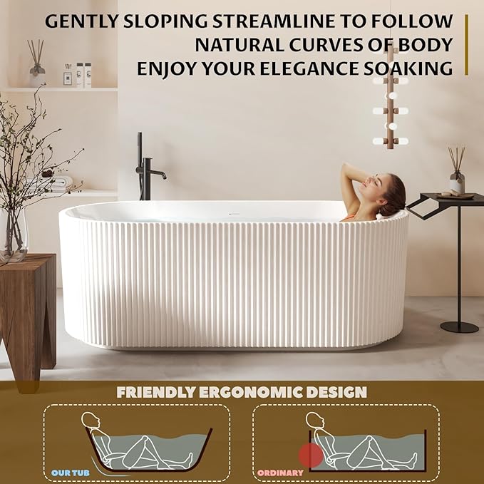 Acrylic Freestanding Bathtub, Deep Soaking Tub with Non-Slip Base, CUPC Certified Free Standing Tub, Chrome Drain Bath Tub, Modern Tub for Bathrooms, White, 59Inch