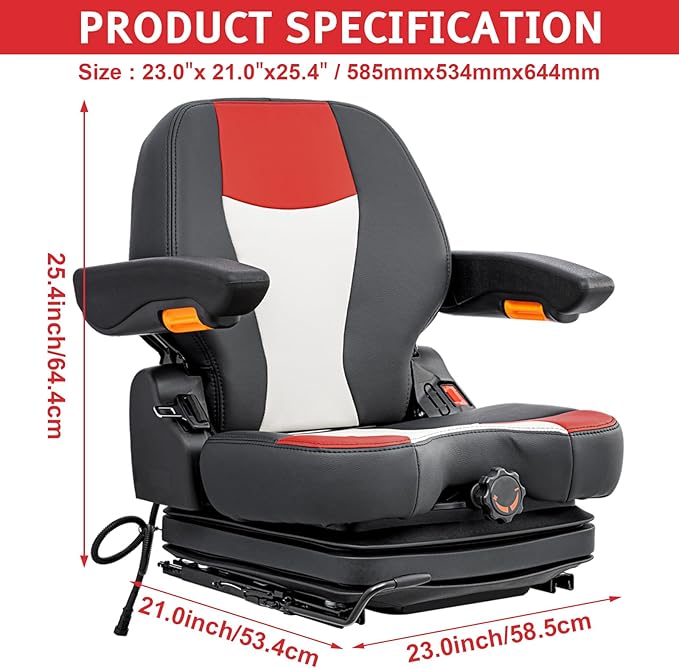 Universal Tractor Seat,Highback Low Suspension Forklift, Adjustable Backrest and Slide Rails,Adjustable Armrests Shock Absorber Heavy Duty Seat for Toro Mower Excavator Harvester