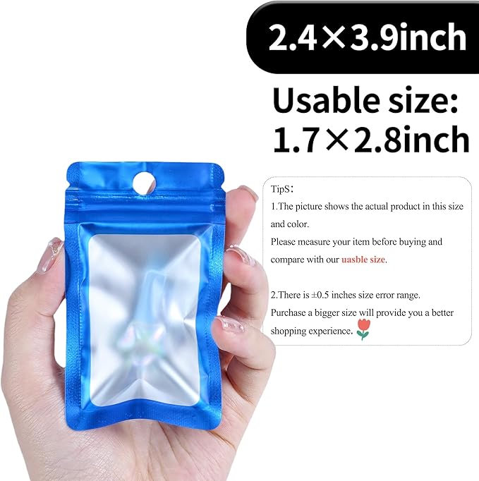 100 Pack Resealable Plastic Bags for Food Storage, Zipper Bags with Clear Front Window, Packaging Pouch for Small Business (Blue, 2.4x3.9 inch)