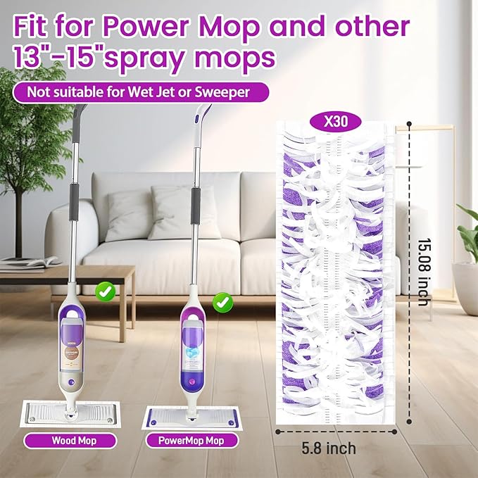 30 Pack Power Mop Pads Refills Compatible with Swiffer Power Mop Refills,Disposable Microfiber Replacement Pads for Swiffer Wet Pads Refill,Non-Washable & Unscented
