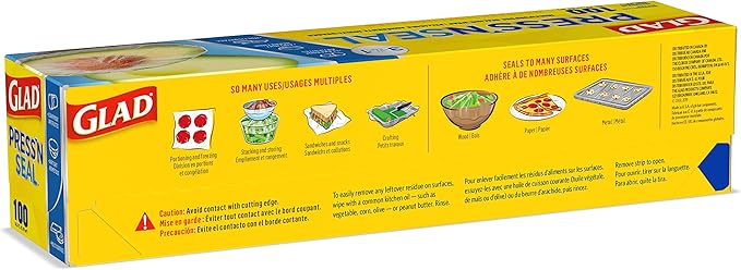Glad Press'N Seal Plastic Food Wrap, 100 Square Foot Roll, Pack of 3, (Package May Vary)