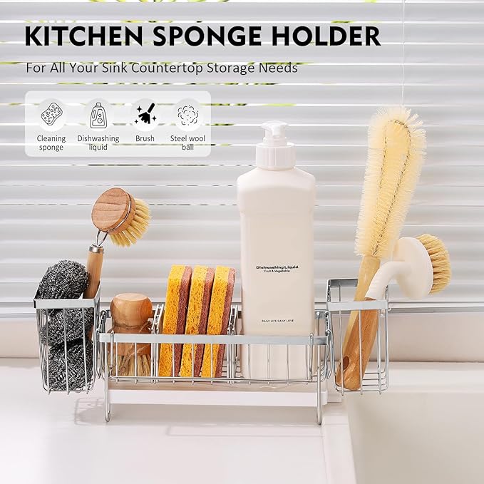 Silver Sponge Holder for Kitchen Sink, Sink Caddy Organizer with High Brush Holder, Kitchen Countertop Organizers and Storage Essentials, Rustproof 304 Stainless Steel, Soap Dispenser Organize