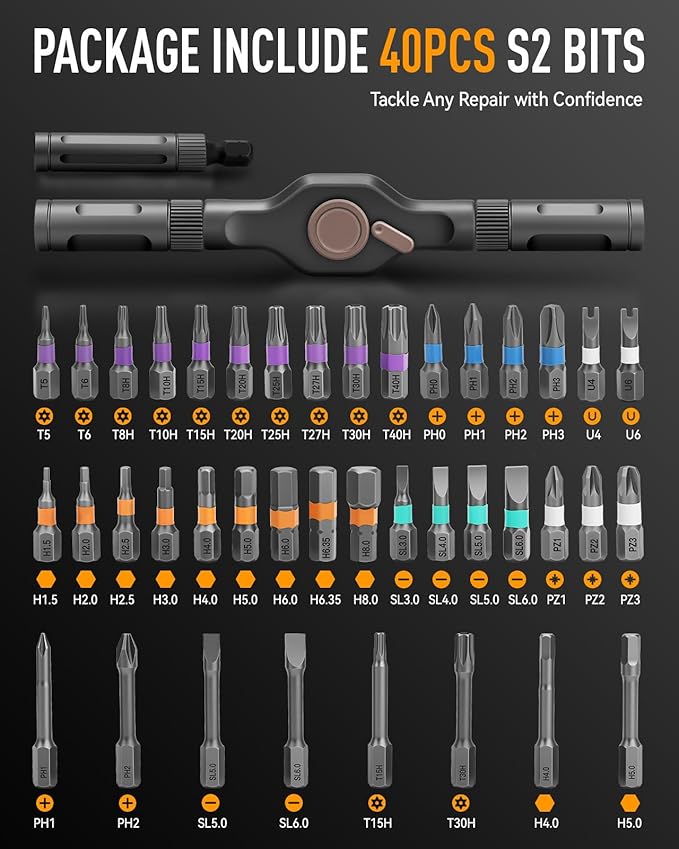 DISEN 42 in 1 Ratcheting Screwdriver Set with 58-Tooth Handle & Magnetic Pickup, 40 S2 Steel Bits Long/Short, Professional Repair Kit for Electronics, Computer, Furniture,Bike, Ideal Gift for Men