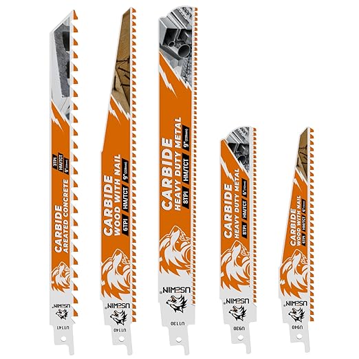 5 Pack Carbide Reciprocating Saw Blade Set, Premium Metal Blades Set for Nail Embedded Wood, Concrete, Heavy Metal, Cast Iron, Alloy Steel Cutting, Heavy-Duty for Demolition