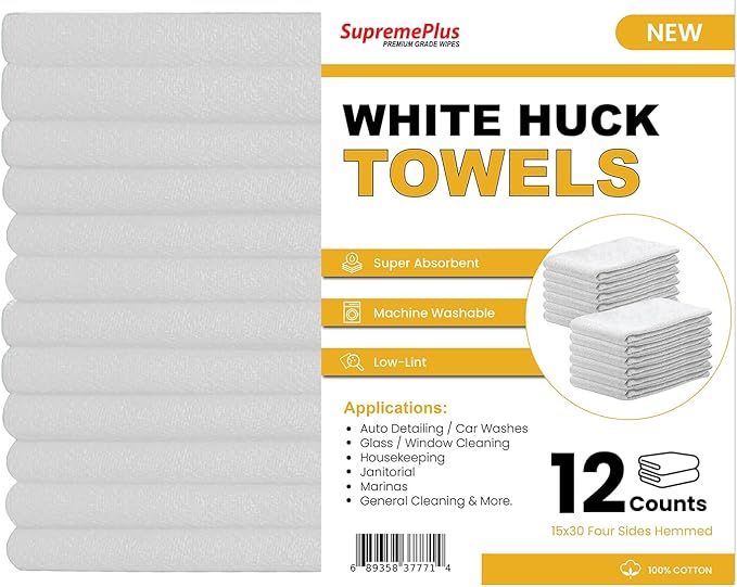 Premium White Huck Towels – (12 Pack) 15 x 30 inches 100% Cotton Bulk Towel for General Cleaning, Auto Shop, and Hospital Use, Super Absorbent, Machine Washable Cloth