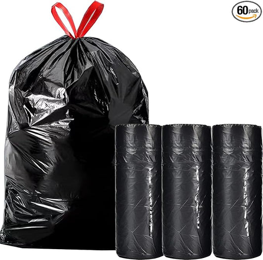 Large Black Trash Bags 20-21 Gallon Drawstring Garbage Bags,Measuring 28x 33.8 inches,Heavy Duty Plastic Garbage Bags for Household Kitchen Office Restaurant Thickened Stretchy (60 Count)