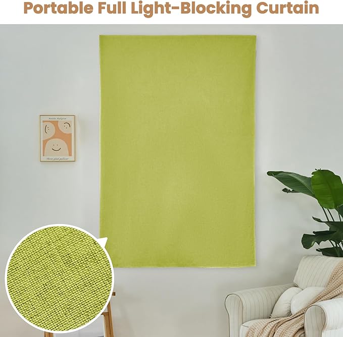 100% Blackout Curtain,Adhesive Curtain,Black Out Window Cover No Drilling Travel Kit,Perfect for Media Rooms, Dormitories and Renters (Fruit Green - W46 × L72 in)