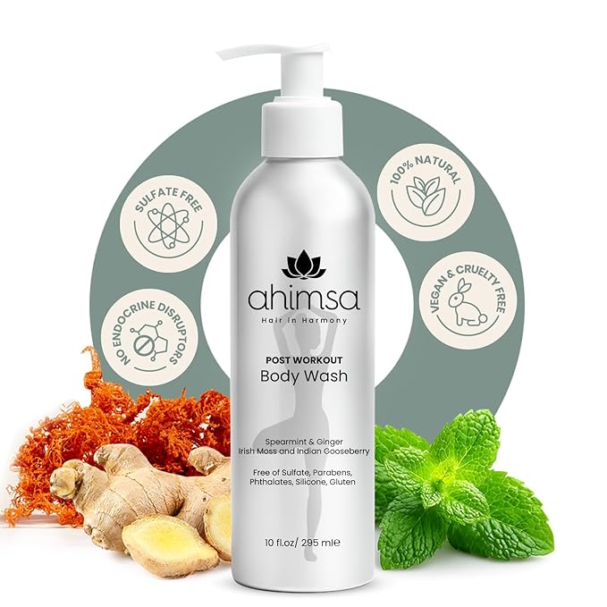 Ahimsa Natural Body Wash for Women, Hydrating & Moisturizing Body Wash Sensitive Skin, Antioxidant-Rich Bath & Shower Gels with Spearmint & Ginger, Gentle, Plant-Based, Organic Formula, 10oz