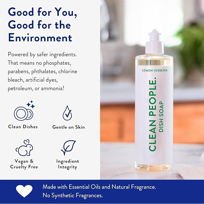 THE CLEAN PEOPLE Liquid Dish Soap - Clean, Simple Ingredients - Extra Scrubbing Power (Lemon Verbena Scent) 12 fl. oz (6 Pack)
