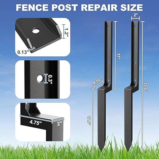 4 Pack Fence Post Repair Kit, 33.6" Heavy Duty Fence Post Repair Stakes, Thickened Anchor Ground Spike for Repairing Tilted/Broken Wood Posts